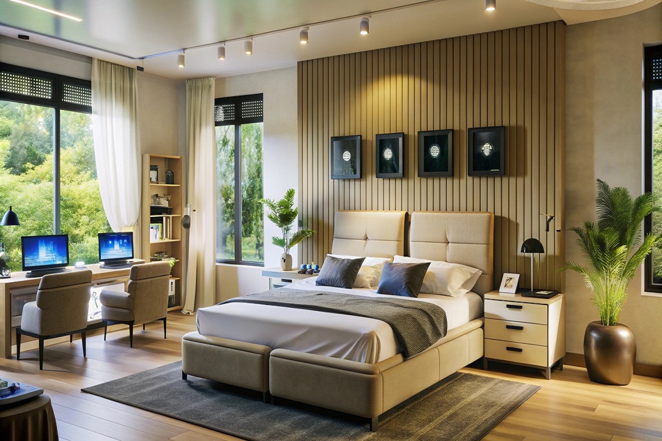 Modern bedroom with large bed, wooden wall and natural light.